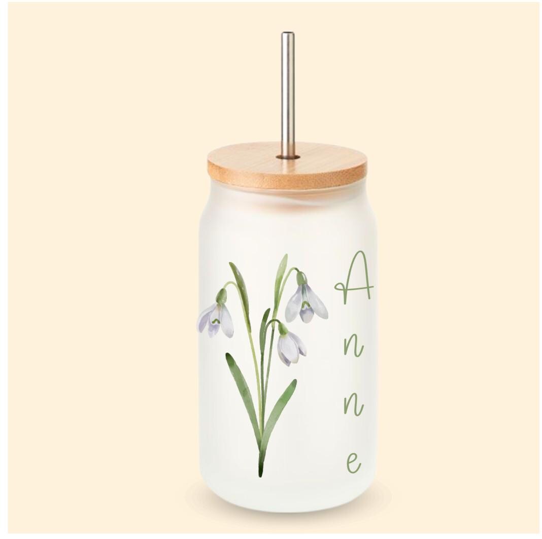 Trinkglas mit Deckel und Strohhalm, mit deiner Geburtstagsblume und Wunschnamen, Geschenk für den Geburtstag