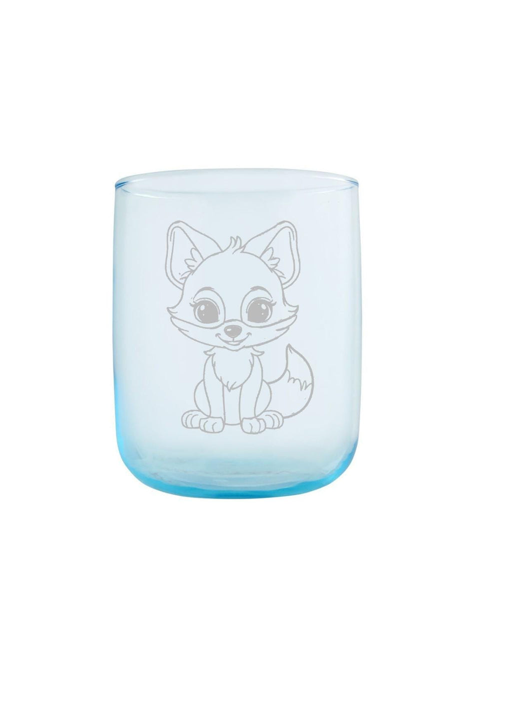 Blaues Kindertrinkglas mit Fuchs und Wunschnamen, Gravur, Geschenk, spülmaschinenfest, kleines, stabiles Glas, ideal für kleine Kinderhände