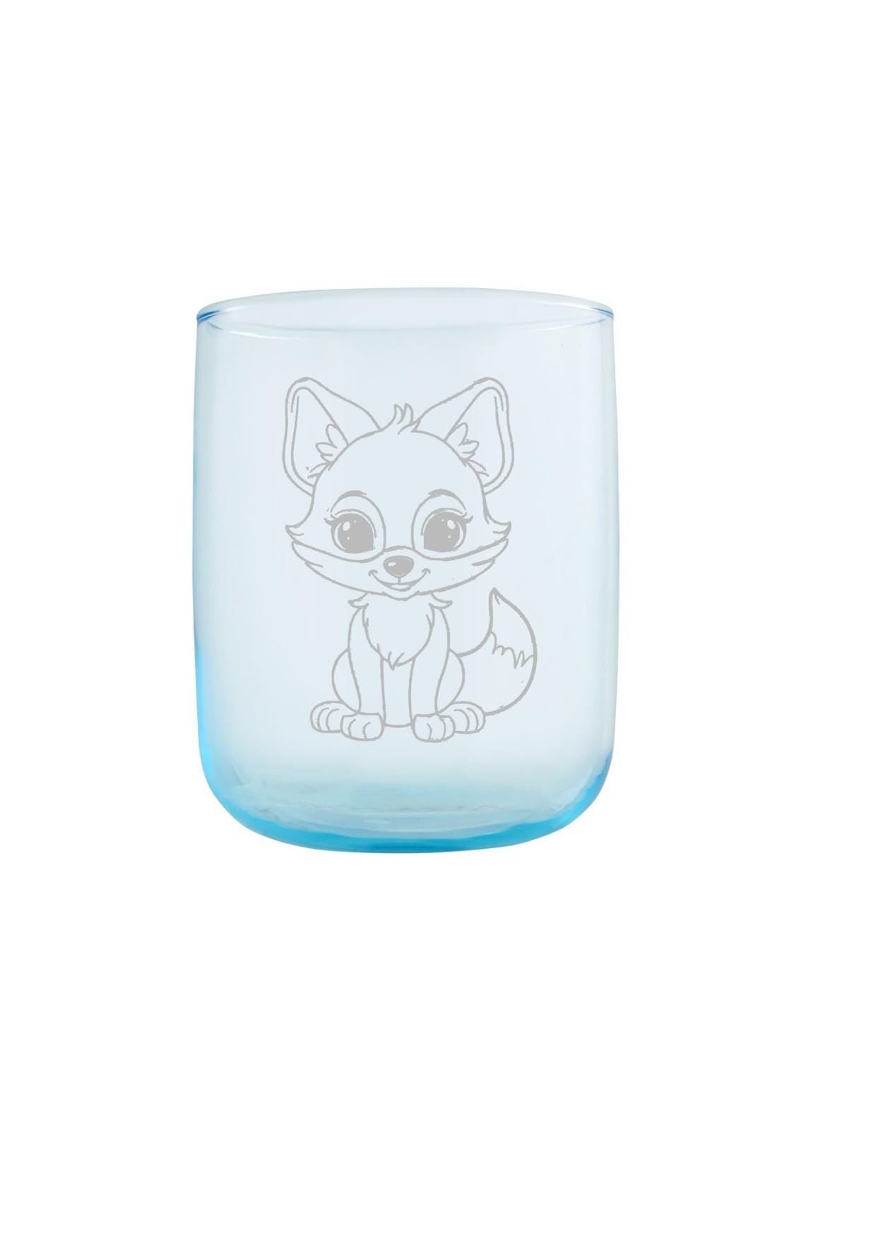 Blaues Kindertrinkglas mit Fuchs und Wunschnamen, Gravur, Geschenk, spülmaschinenfest, kleines, stabiles Glas, ideal für kleine Kinderhände
