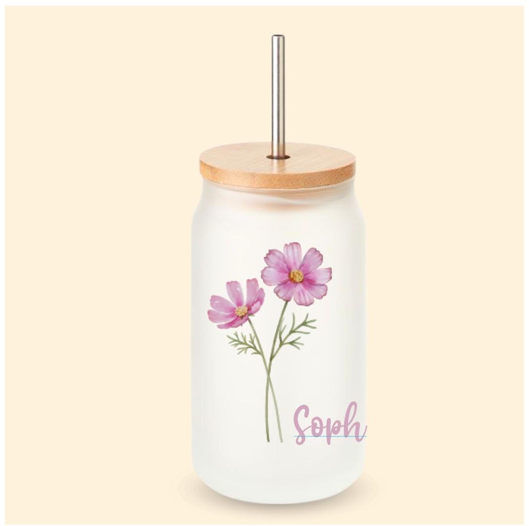 Trinkglas mit Deckel und Strohhalm, mit deiner Geburtstagsblume und Wunschnamen, Geschenk für den Geburtstag