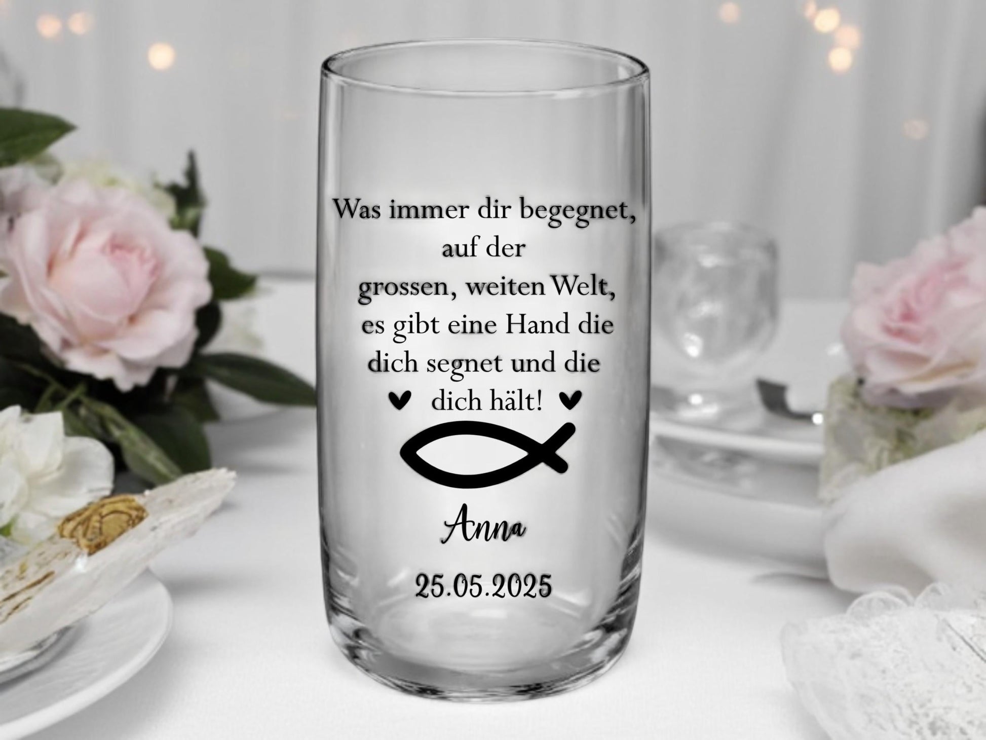 Trinkglas Kommunion, Konfirmation, Taufe, Geschenk Geburt, für Jungen und Mädchen, Erinnerungsgeschenk, graviert, personalisiert, mit Namen
