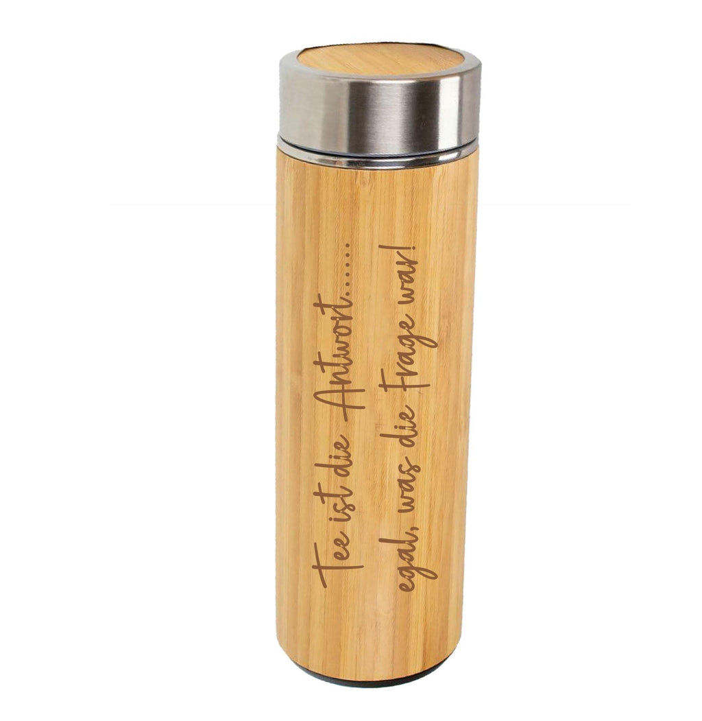 Bambus Thermobecher mit deinen Wunschnamen, doppelwandiger Isolation und Teesieb, tolles Geschenk für Teetrinker,  Art.-Nr. P481619