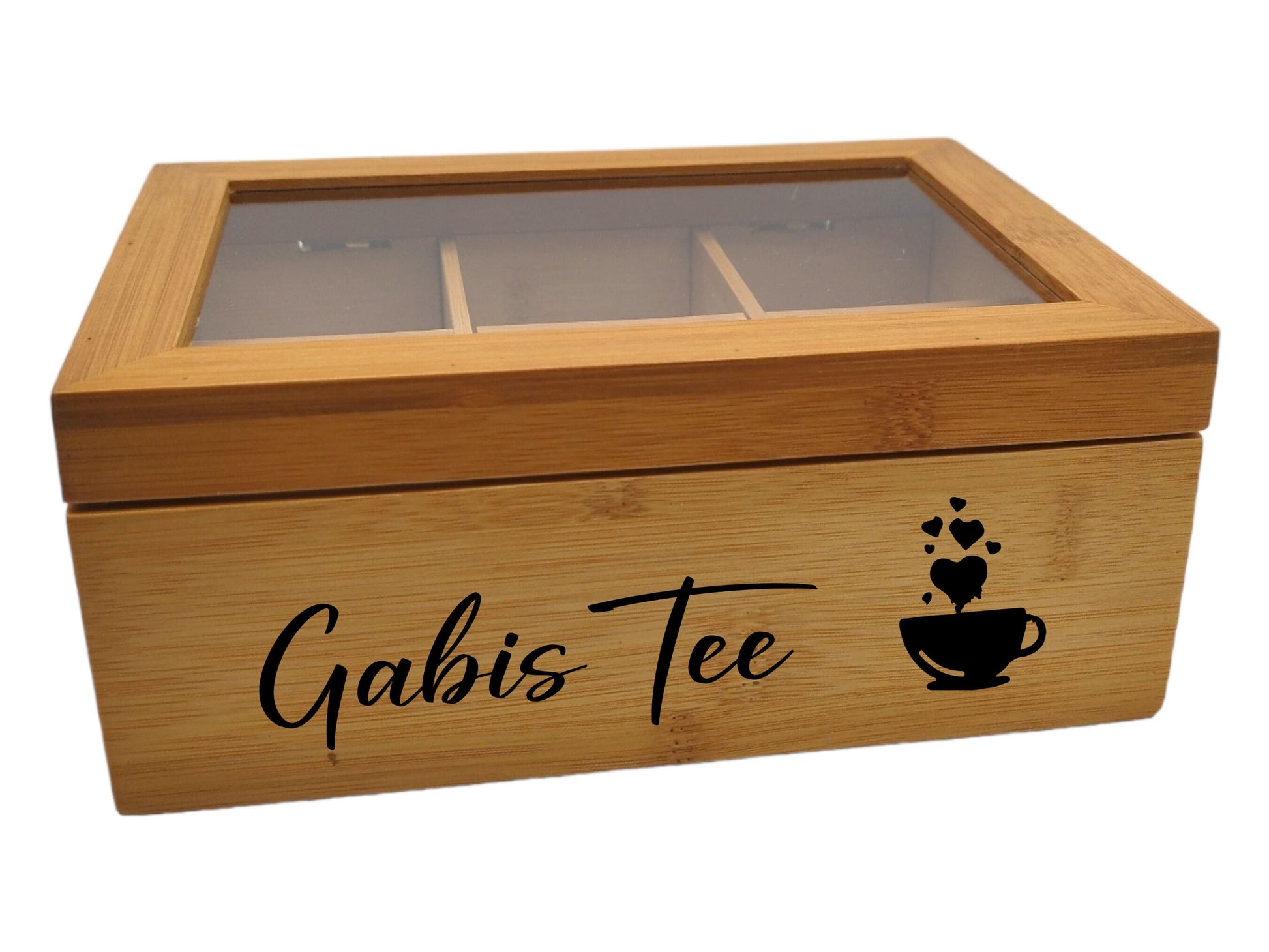 Personalisierte Tee Box - Ein einzigartiges Geschenk für Teeliebhaber! aus Bambus, mit 6 Fächern, mit Wunschgravur!