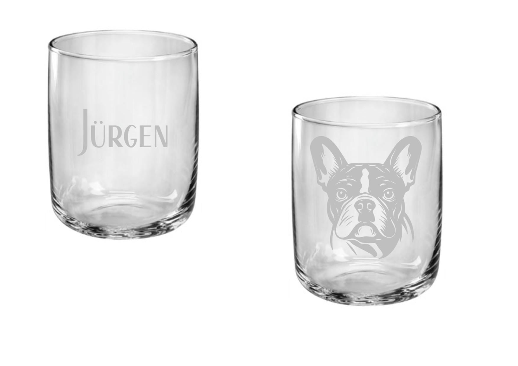 Trinkglas French Bulldog, graviert, spülmaschinenfest, mit französischer Bulldoge, mit deinem Wunschnamen, Geschenk, Wasserglas, Saftglas