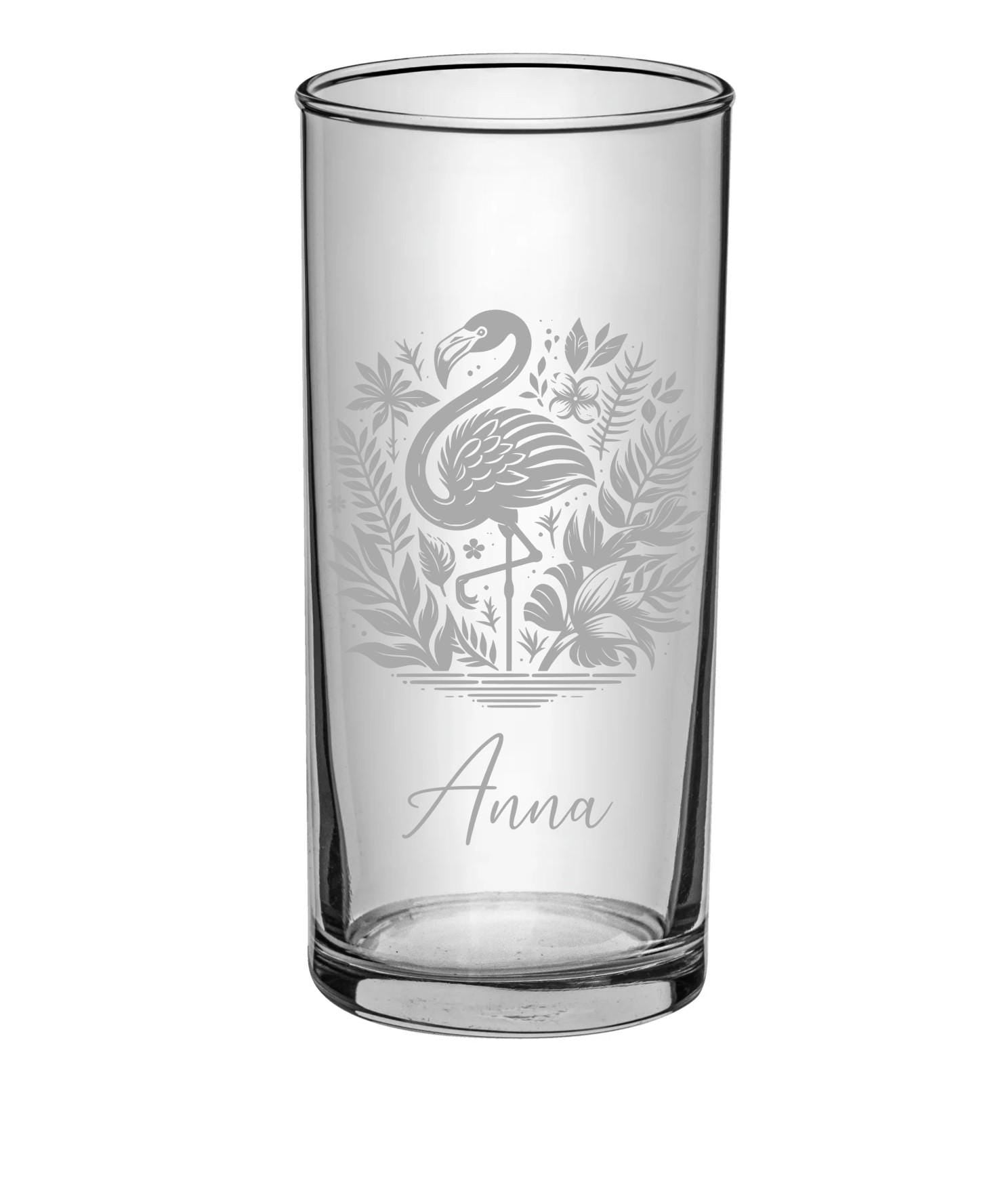 Flamingo Kinder Trinkglas mit Gravur, personalisiert mit Namen oder Wunschtext, 3 versch. Glasformen,  Geschenk für Flamingofans, Art.Nr.F1