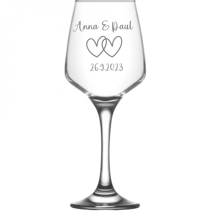 Weinglas oder Sektglas mit Namen & Datum personalisiert, Geschenk für die Hochzeit, das Brautpaar oder als Gastgeschenk, versch. Herzmuster