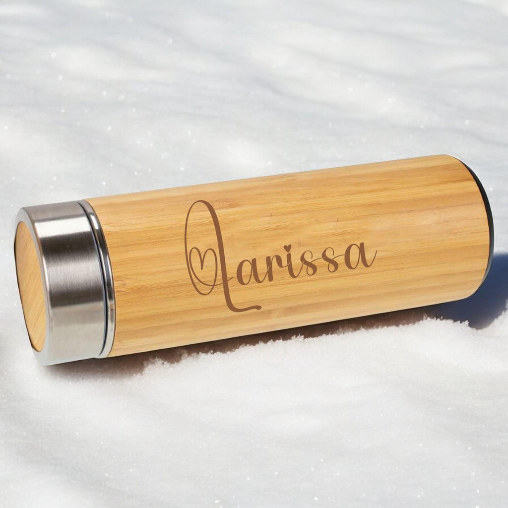 Bambus Thermobecher mit deinen Wunschnamen, doppelwandiger Isolation und Teesieb, tolles Geschenk für Teetrinker,  Art.-Nr. P481619