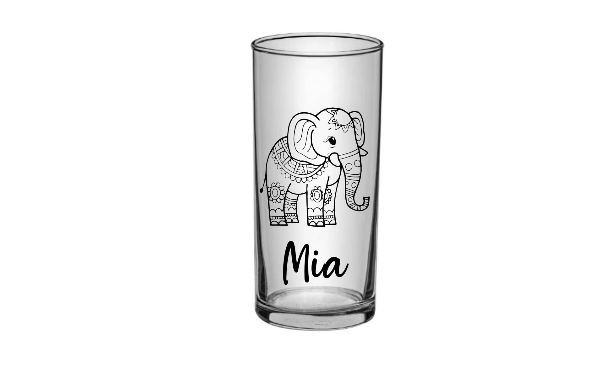 Elegantes Trinkglas mit graviertem Elefanten-Motiv & Wunschname, Geschenk für Kinder, 3 Glas Formen zur Auswahl, Art.-Nr.  KT03