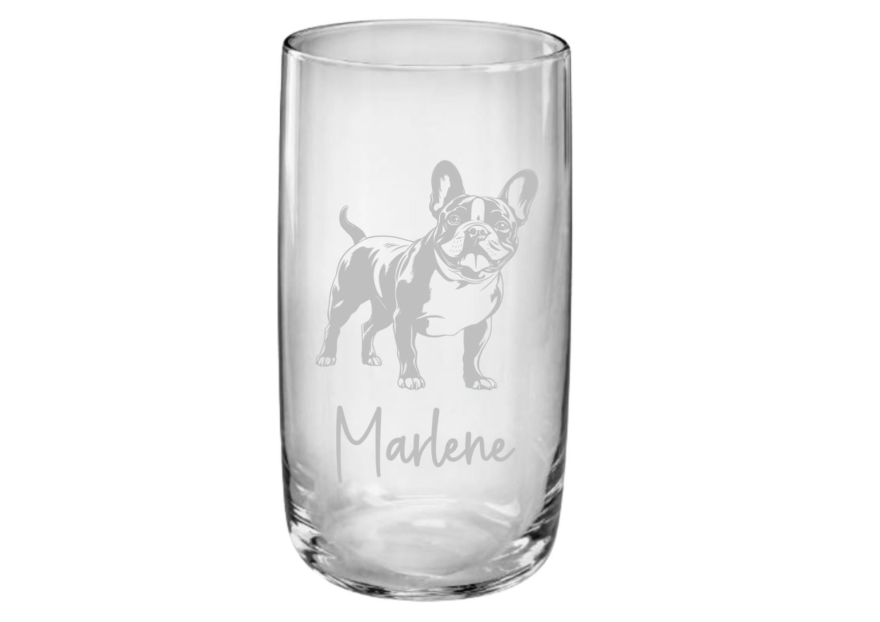Trinkglas French Bulldog, graviert, spülmaschinenfest, mit französischer Bulldoge, mit deinem Wunschnamen, Geschenk, Wasserglas, Saftglas
