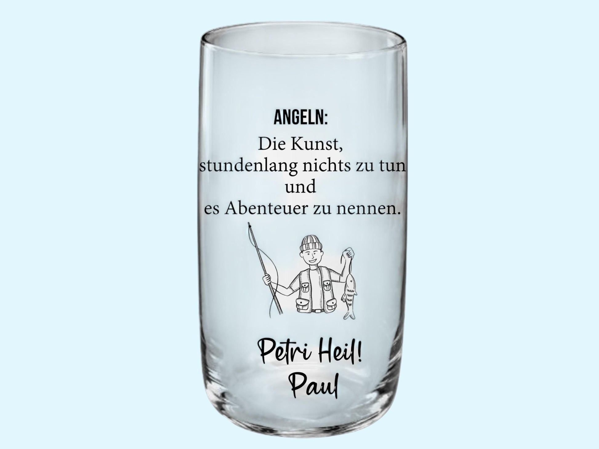 Trinkglas für einen Angler! mit lustigem Spruch, Geschenk zum Geburtstag, personalisiert mit Namen, graviert -> edel, Art.-Nr. AG01