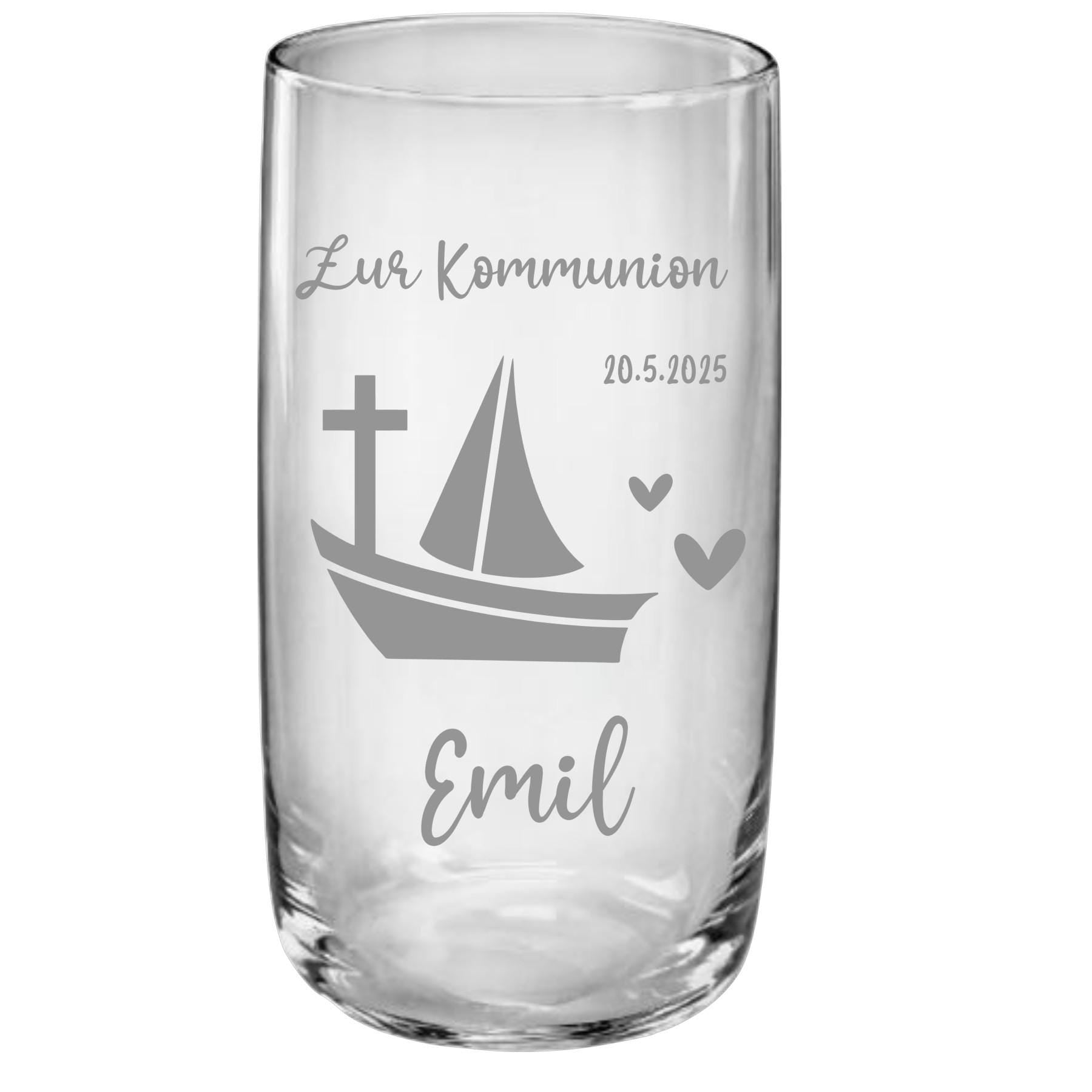 Trinkglas Kommunion, Konfirmation, Taufe, Geschenk Geburt, für Jungen und Mädchen, Erinnerungsgeschenk, graviert, personalisiert, mit Namen