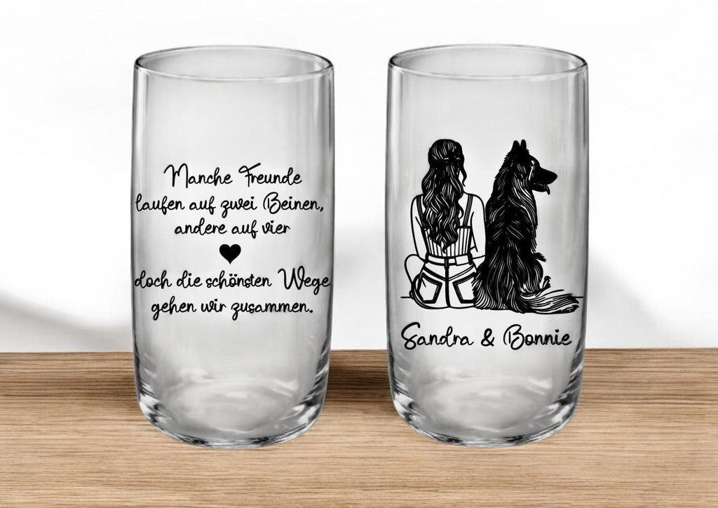 Trinkglas Freundschaft Hund und Mensch, graviert mit Namen & Spruch, 2 seitige Gravur, Erinnerung, Geschenk für Tierfreunde, stilvoll, edel