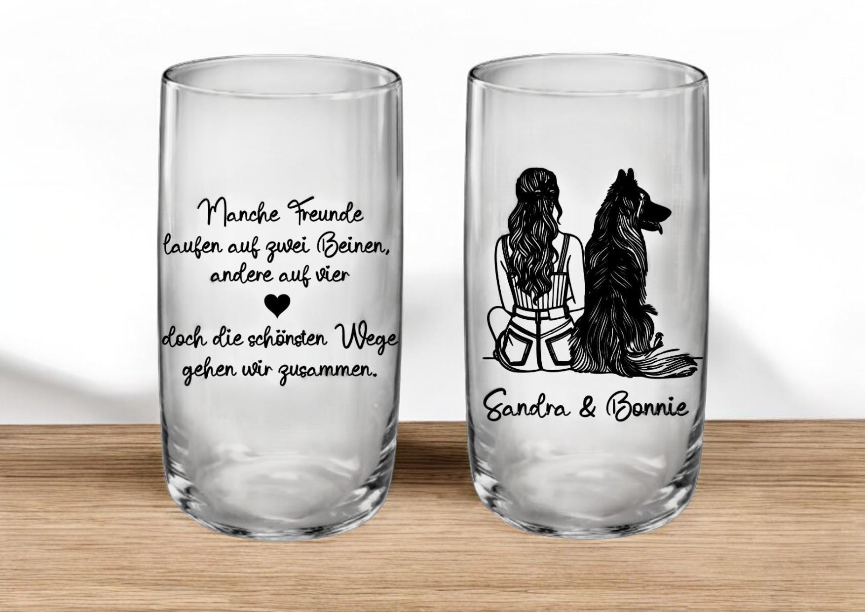 Trinkglas Freundschaft Hund und Mensch, graviert mit Namen & Spruch, 2 seitige Gravur, Erinnerung, Geschenk für Tierfreunde, stilvoll, edel