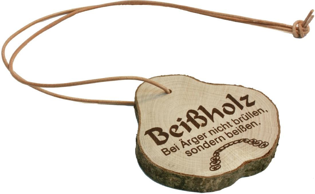 Lustiges Geschenk Beissholz, Nicht ärgern, sondern beissen, mit Lederband, auch für unterwegs