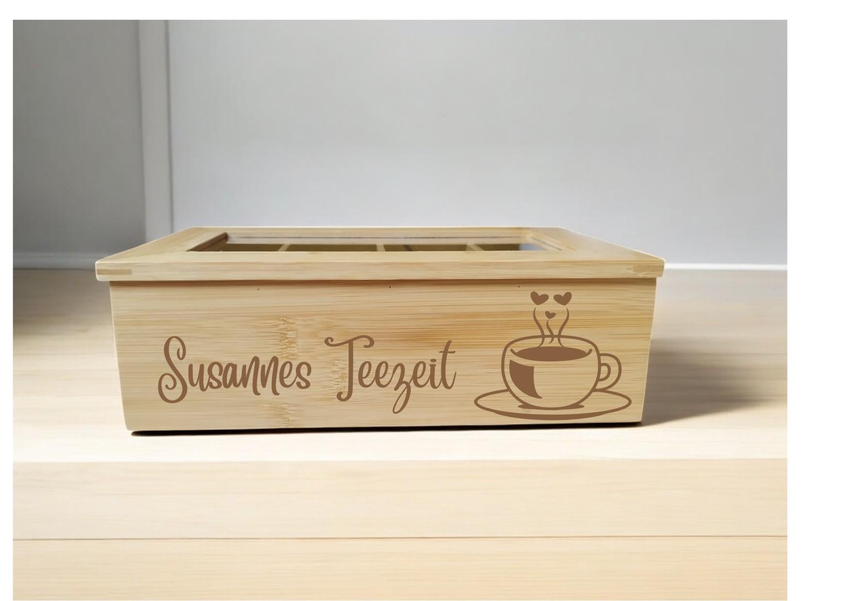 Personalisierte Tee Box - Ein einzigartiges Geschenk für Teeliebhaber! aus Bambus, mit 8 Fächern, mit Wunschgravur! Teekiste, TB1