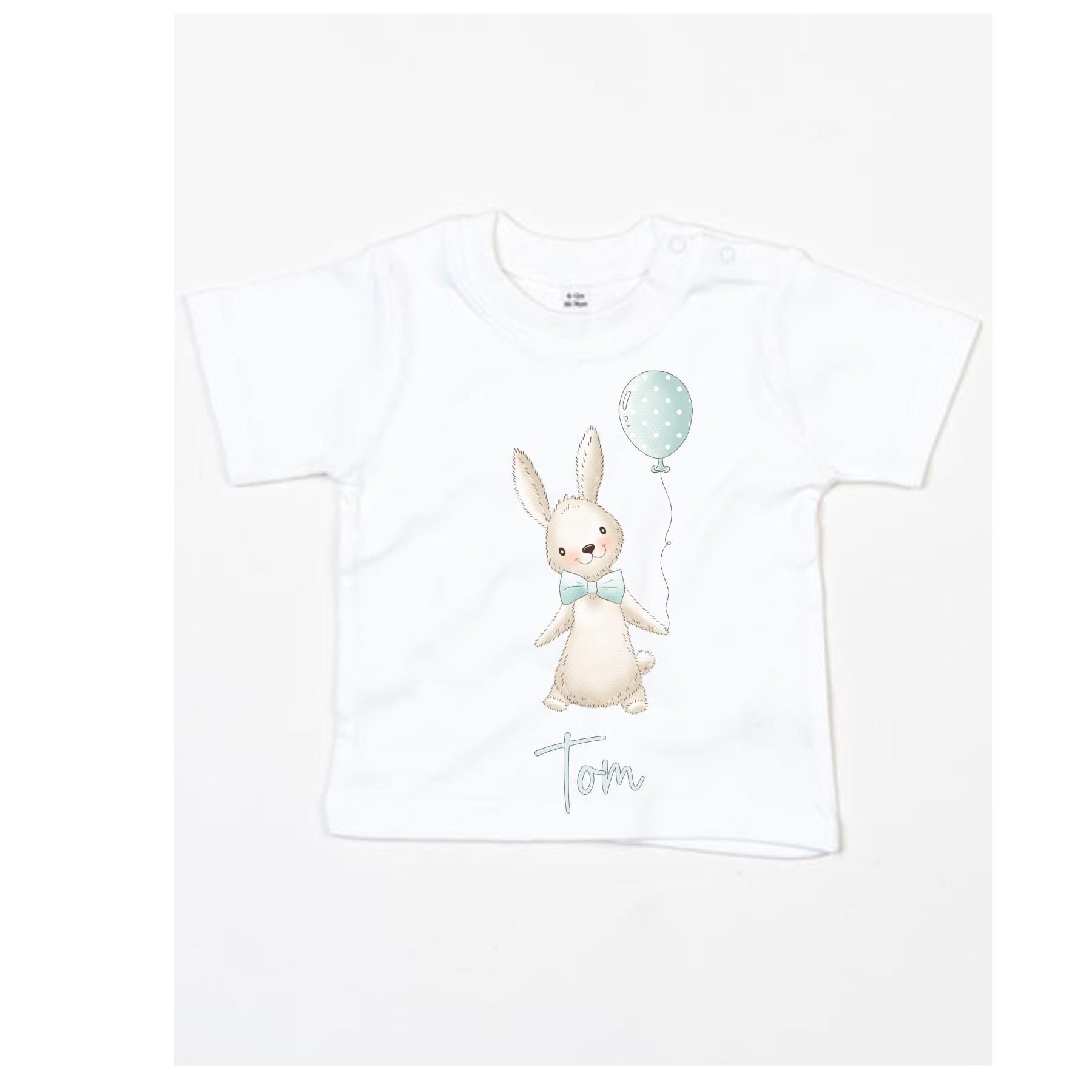 Personalisiertes Baby Shirt, weiß oder dunkelblau, mit Hasen, Osterhäschen, kurzer Arm, Art.-Nr. BS-1-BZ02