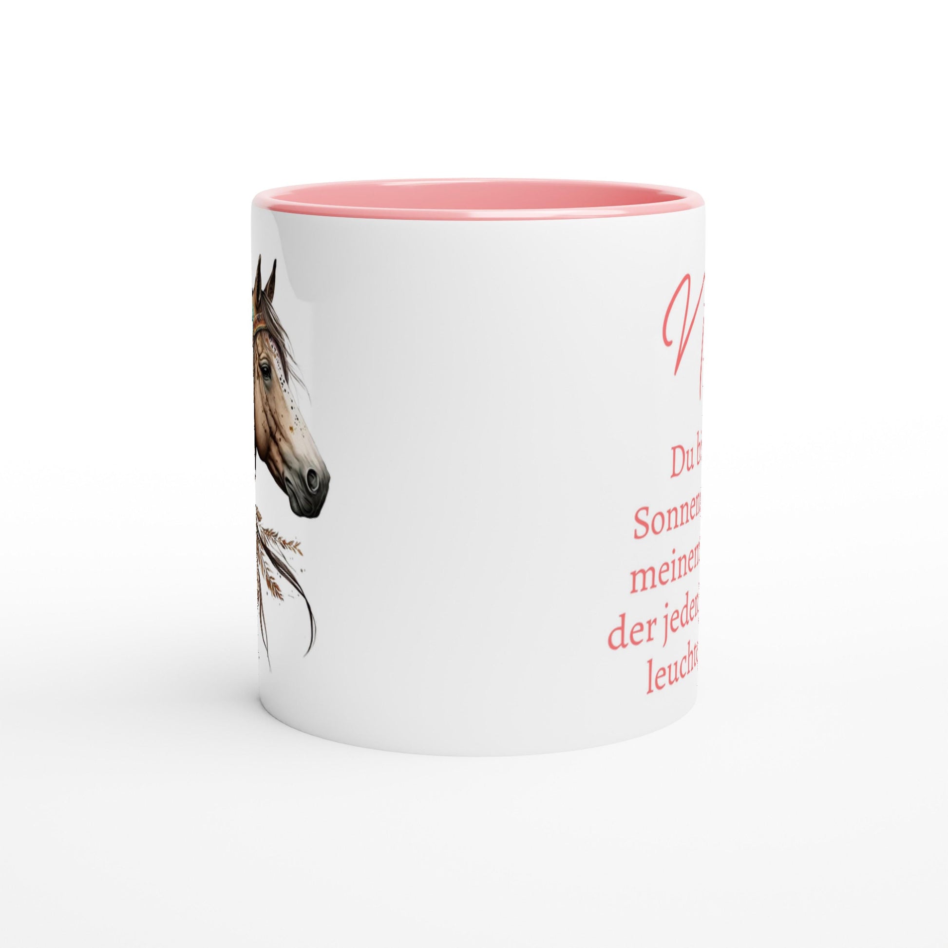 Keramik Tasse mit farbiger Innenseite, Pferdemotiv, personalisiert und sehr schönen Spruch, 350 ml, tolles Geschenk für Mädchen