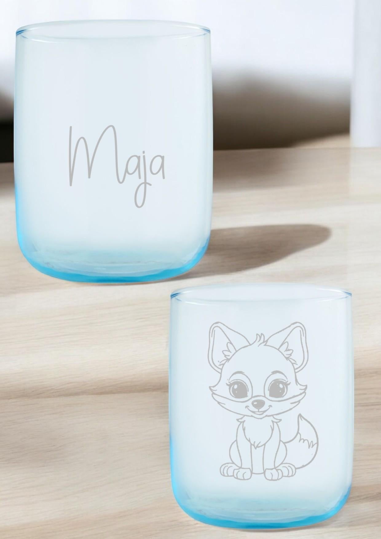 Blaues Kindertrinkglas mit Fuchs und Wunschnamen, Gravur, Geschenk, spülmaschinenfest, kleines, stabiles Glas, ideal für kleine Kinderhände