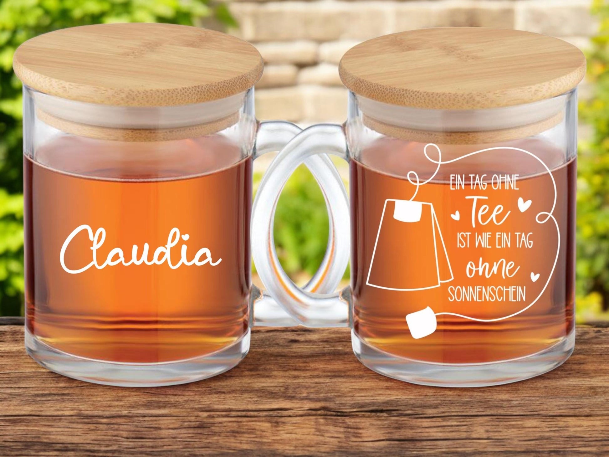 Teeglas mit Deckel aus Bambus, graviert, mit deinem Wunschnamen, Geschenk für Teetrinker, robust, Spülmaschinen geeignet, ART.-NR. TG07