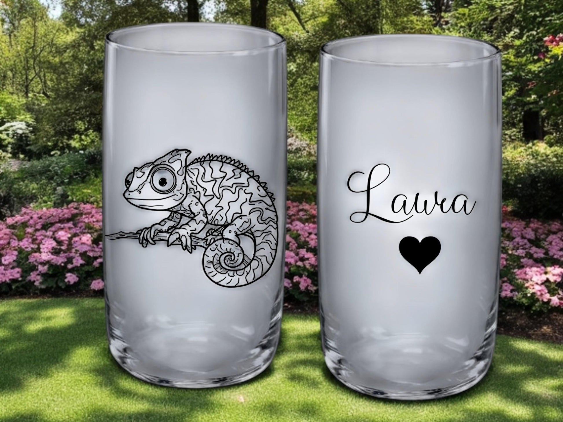 Trinkglas Chamäleon, mit Namen und Wunsch-Chamäleon graviert, Trinkspaß mit Chamäleon, personalisiertes Geschenk, Echsen Motiv, Gravur