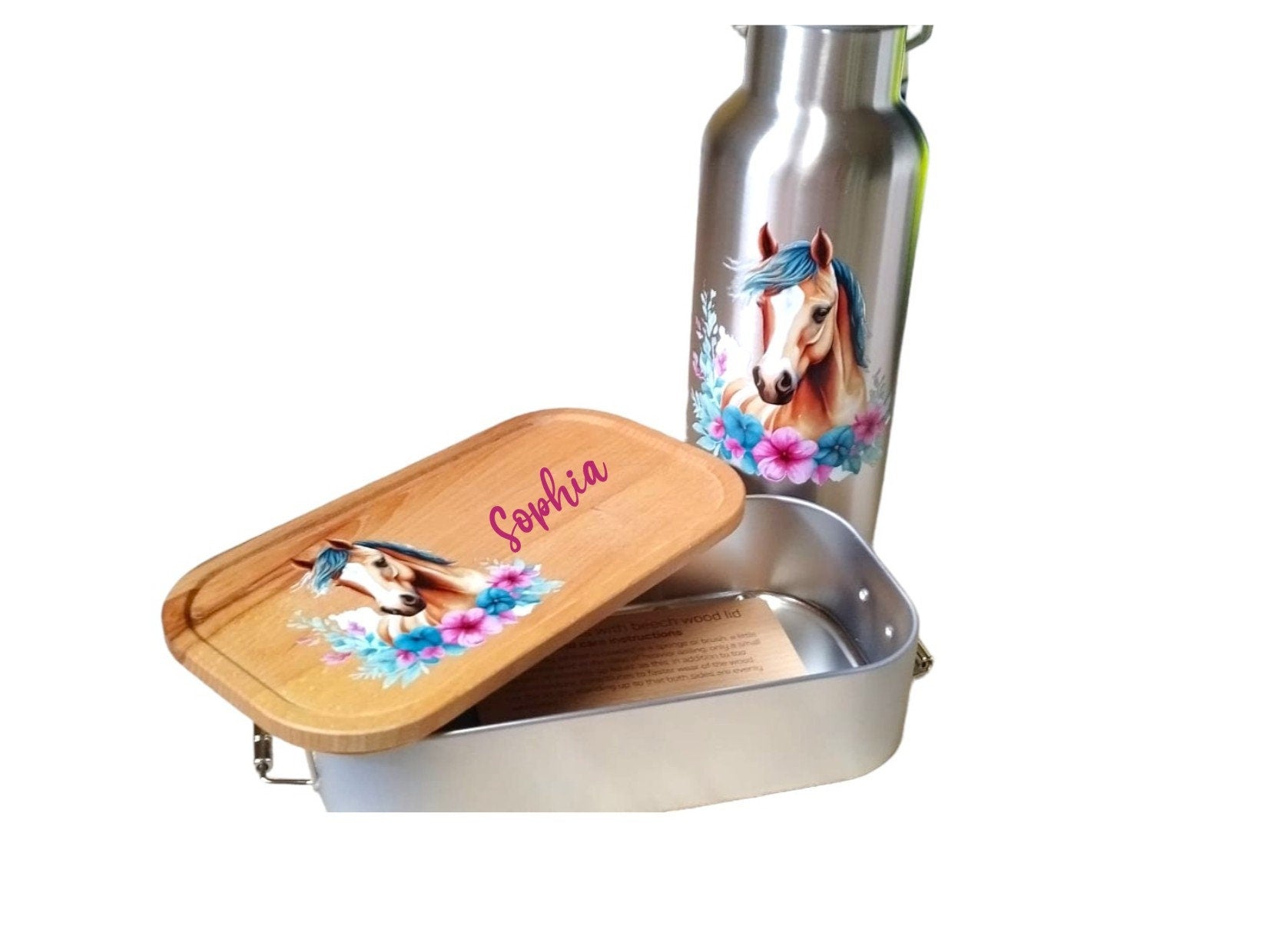 Lunchbox, Trinkflasche einzeln oder als Set, mit Namen personalisiert, Pferdemotiv, Geschenk für den Schulanfang, Kindergarten, für Kinder