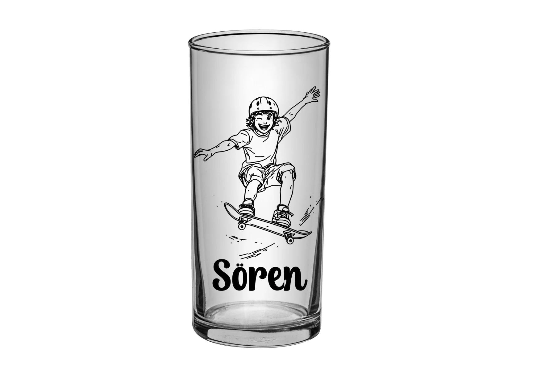 Individuelles Skater-Trinkglas – Graviert mit Wunschnamen o. Vereinslogo! versch. Schrift, Geschenk für Jungen - Skater,  Art.-Nr. SG01