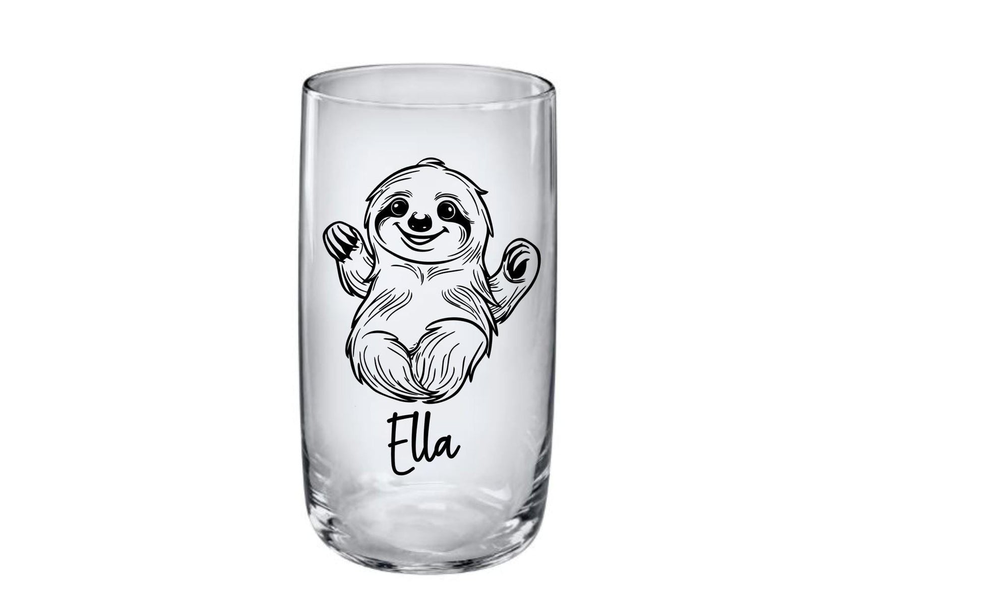 Elegantes Trinkglas mit graviertem Faultier-Motiv & Wunschname, Geschenk für Kinder, 3 Glas Formen zur Auswahl, Art.-Nr.  KT03