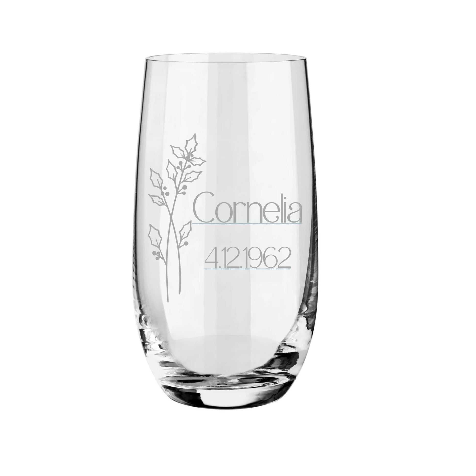 Personalisiertes Trinkglas mit Geburtstagsblumen-Gravur – Einzigartiges Geschenk! mit Geburtsblume, Namen + Geburtstagsdatum graviert,