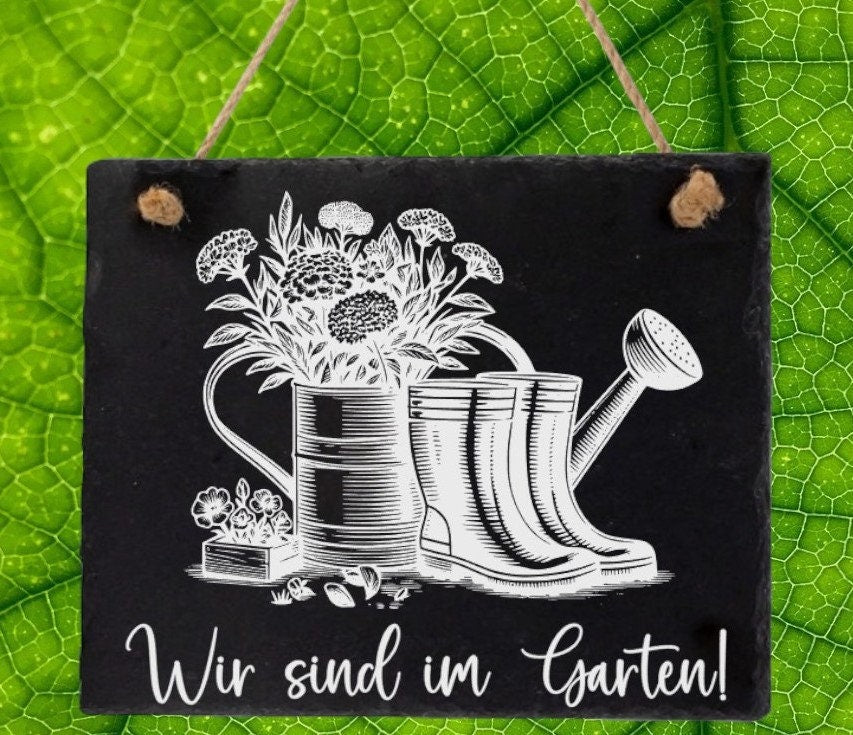 Dekoschild für die Haustür, Wir sind im Garten!, Info-Tafel, aus Schiefer, graviert, Geschenk, Dekoration, Hinweisschild, versch. Motive