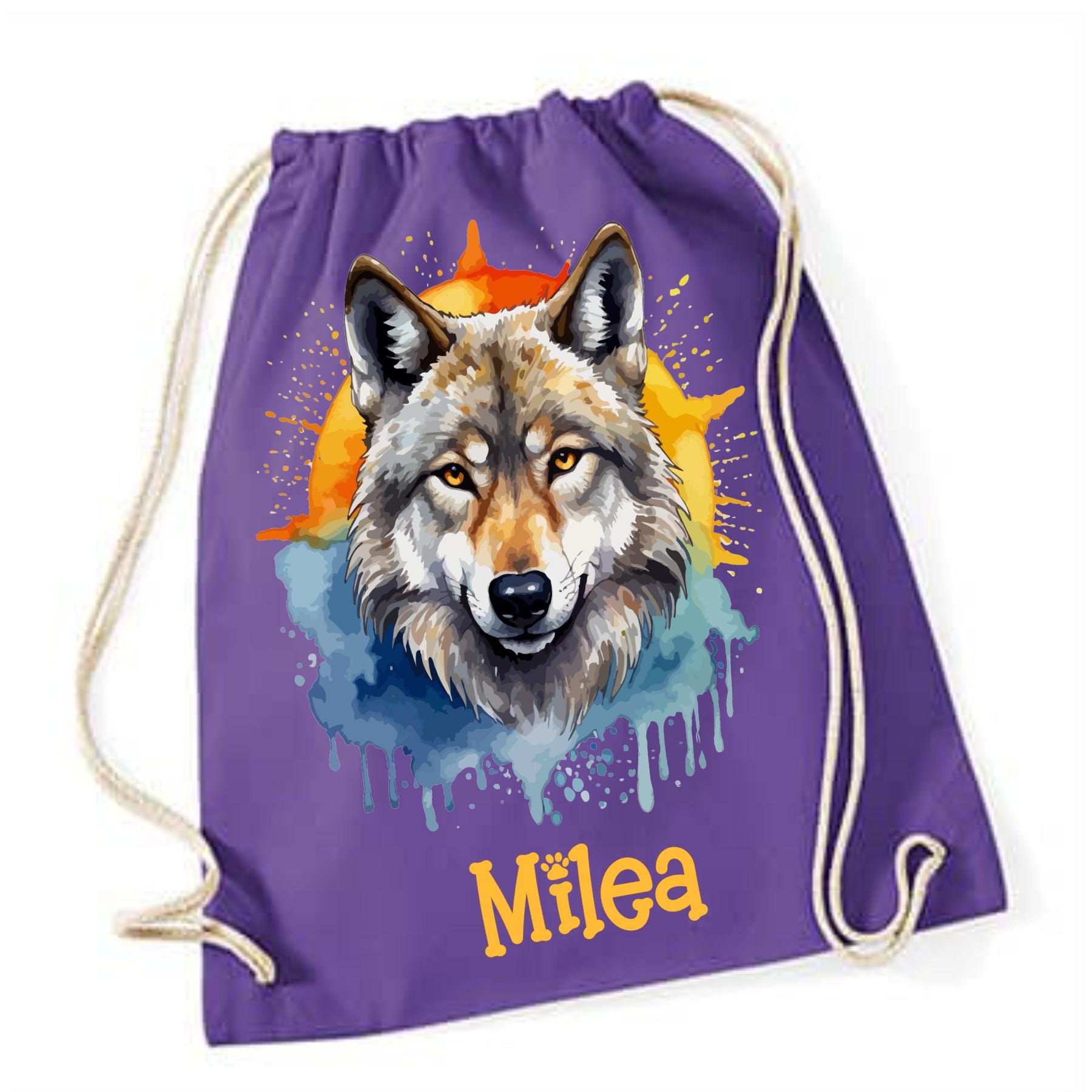 Turnbeutel Wolf, für Schule, Kindergarten, Freizeit, Geschenk für Kinder, verschiedene Farben und Motive, aus Baumwolle