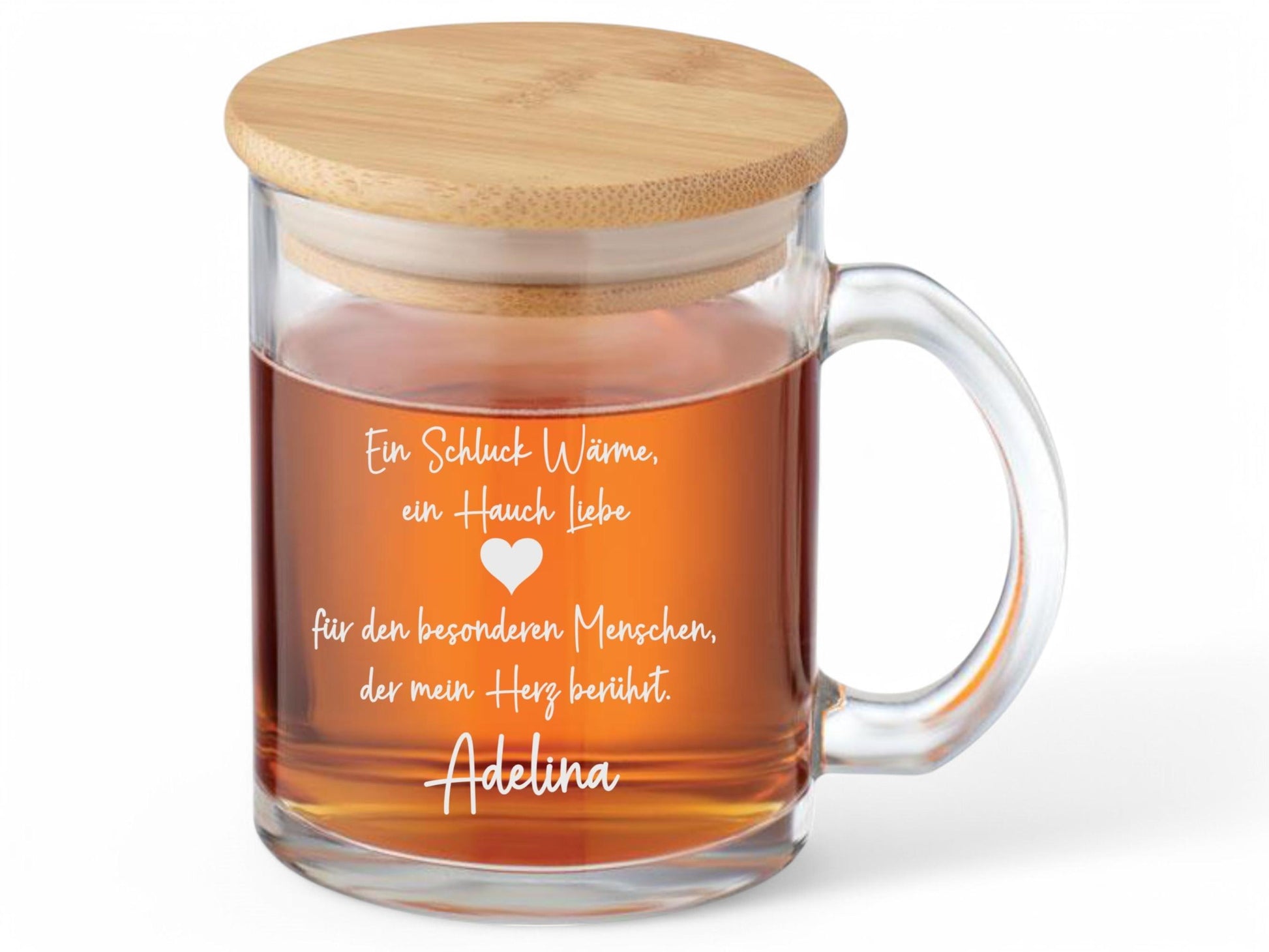 Teeglas mit Deckel aus Bambus, graviert, Wunschname, Geschenk für Teetrinker, robust, Spülmaschinenfest, unterwegs, einfühlsamer Spruch