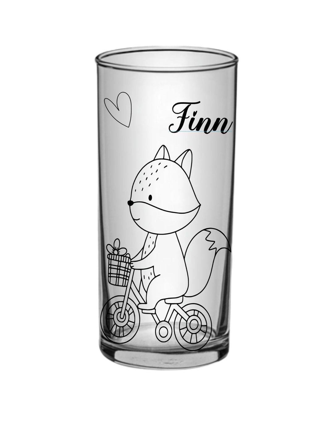 Kinder Trinkglas, Fuchs, rundum Gravur mit Namen personalisiert, Glasboden farbig, Geschenk