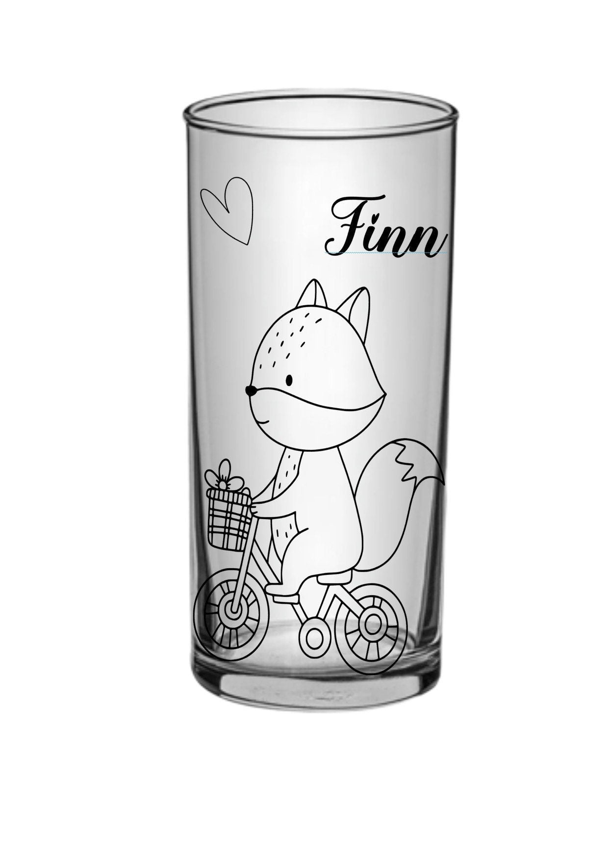 Kinder Trinkglas, Fuchs, rundum Gravur mit Namen personalisiert, Glasboden farbig, Geschenk
