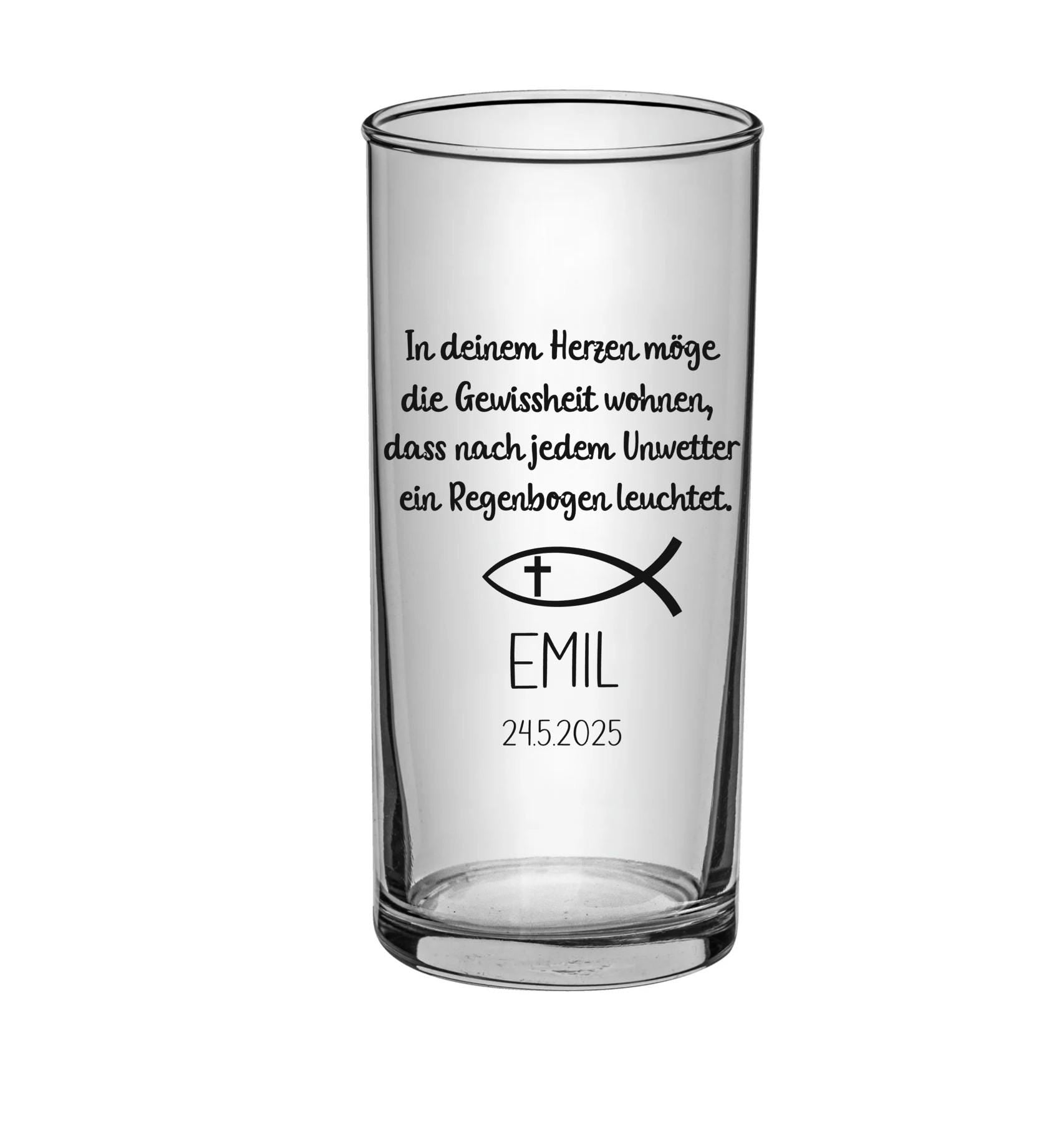 Trinkglas Kommunion, Konfirmation oder Taufe, personalisiert, graviert, Geschenk, mit Namen und Spruch, Gastgeschenk, Junge o. Mädchen