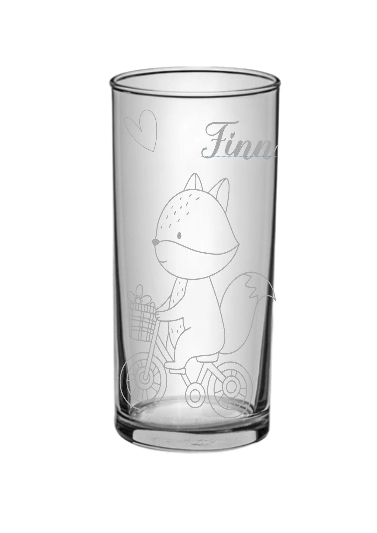 Kinder Trinkglas, Fuchs, rundum Gravur mit Namen personalisiert, Glasboden farbig, Geschenk