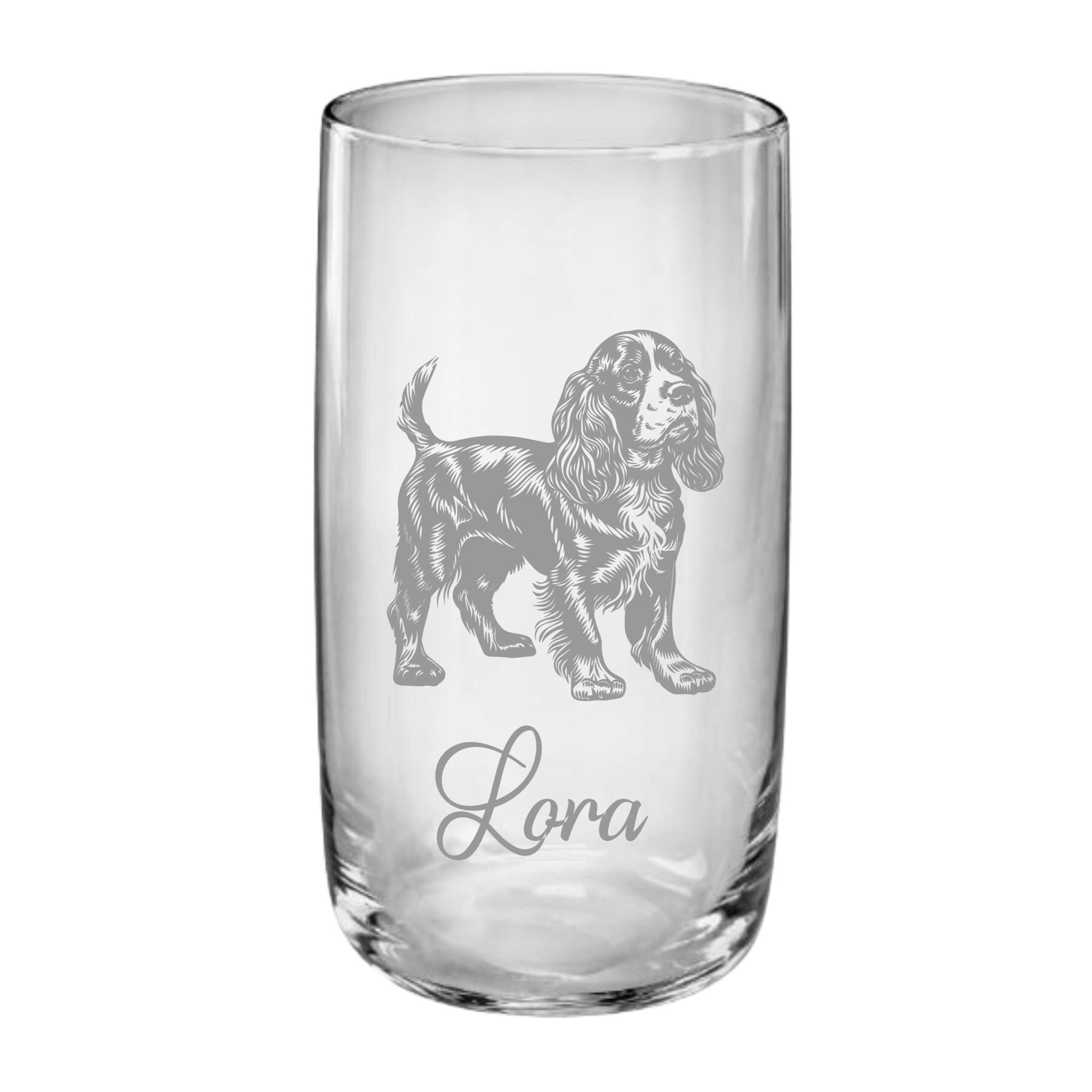 Trinkglas mit Cocker Spaniel – individuell und stilvoll, auf Wunsch mit Namen personalisiert, 4 versch. Motive, Geschenk für Cocker Fans