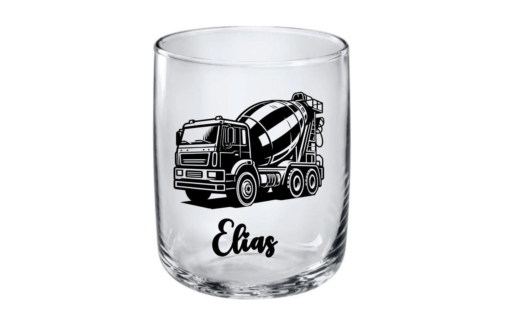 Kinder Trinkglas mit graviertem Betonmischer-Motiv & Wunschname, Geschenk für Kinder, 3 Glas Formen zur Auswahl, Art.-Nr.  KT03