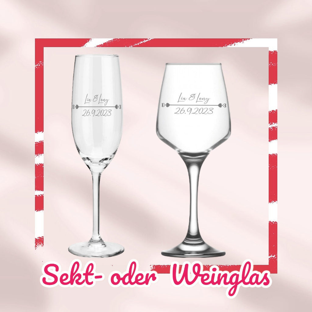 Weinglas oder Sektglas mit Namen und Datum personalisiert, Geschenk für die Hochzeit, das Brautpaar oder als Gastgeschenk