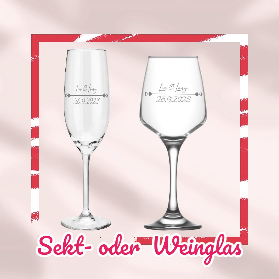 Weinglas oder Sektglas mit Namen und Datum personalisiert, Geschenk für die Hochzeit, das Brautpaar oder als Gastgeschenk
