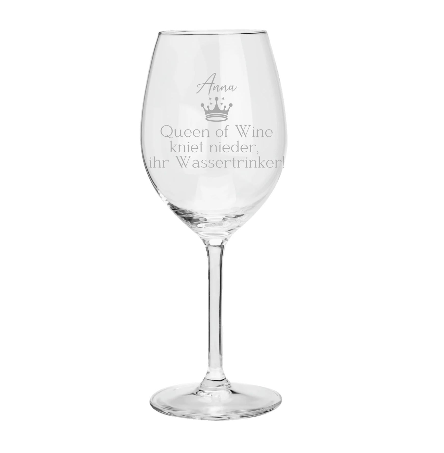 Weinglas mit Namen personalisiert, Queen of Wine, graviert, Geschenk für Weintrinker, Geschenk für Freundin, Statement Spruch, Art.-Nr. WG2