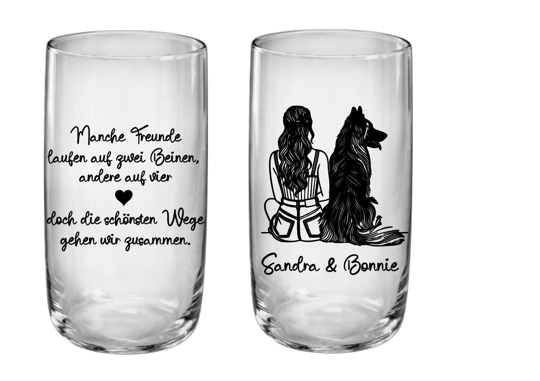 Trinkglas Freundschaft Hund und Mensch, graviert mit Namen & Spruch, 2 seitige Gravur, Erinnerung, Geschenk für Tierfreunde, stilvoll, edel