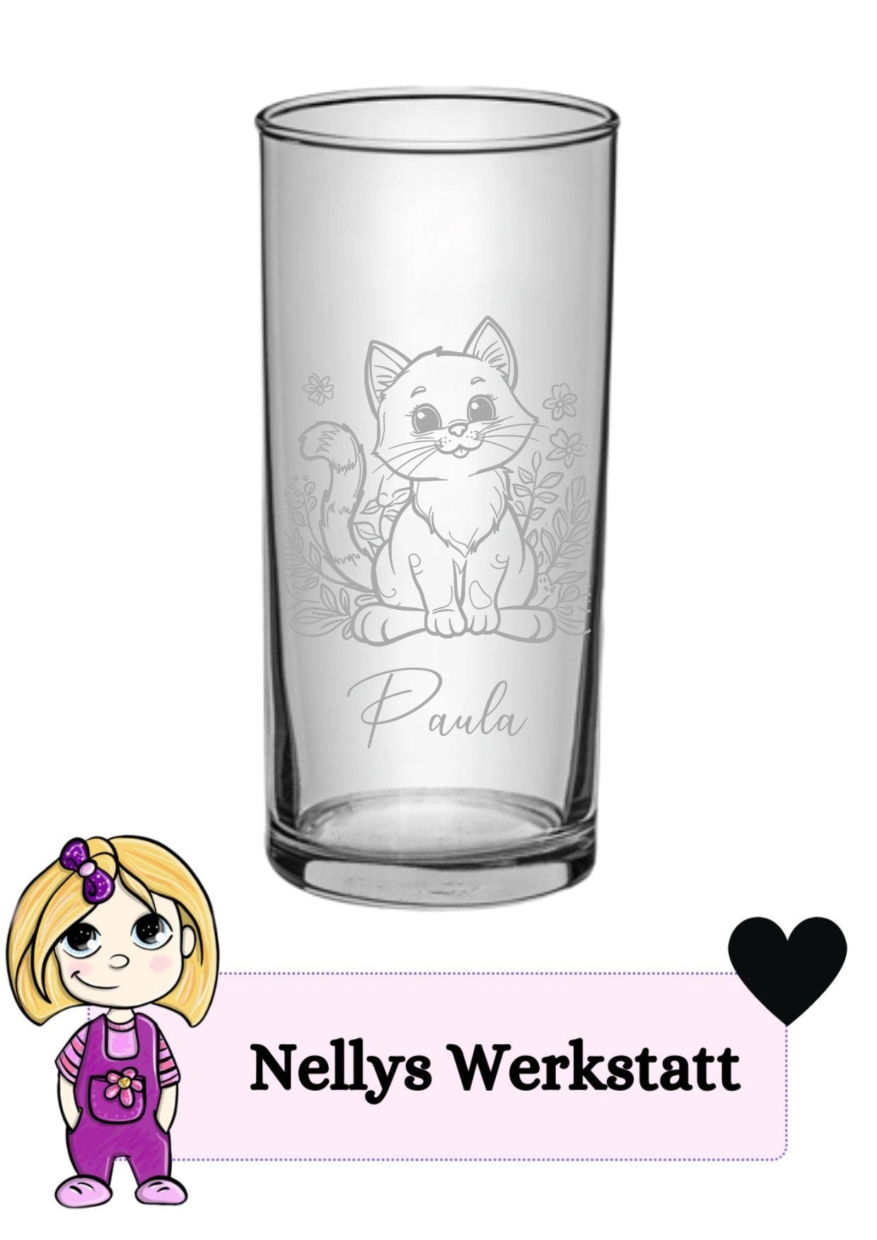 Kinder Trinkglas mit Gravur, personalisiert mit Namen, Wunschtext, versch. Katzen Motive, Wasserglas, graviert, Geschenk