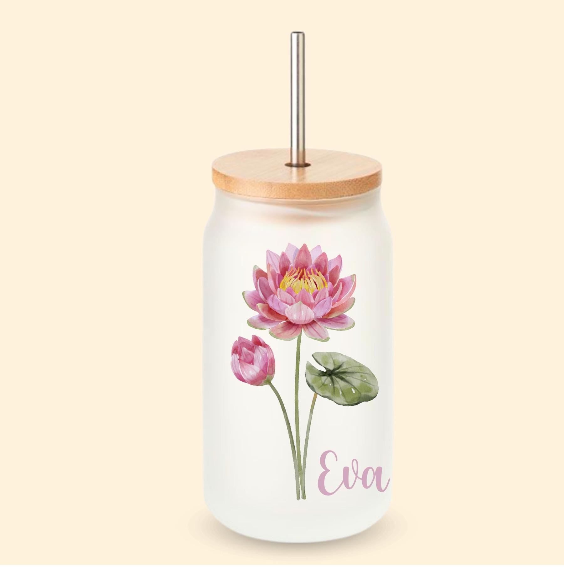Trinkglas mit Deckel und Strohhalm, mit deiner Geburtstagsblume und Wunschnamen, Geschenk für den Geburtstag