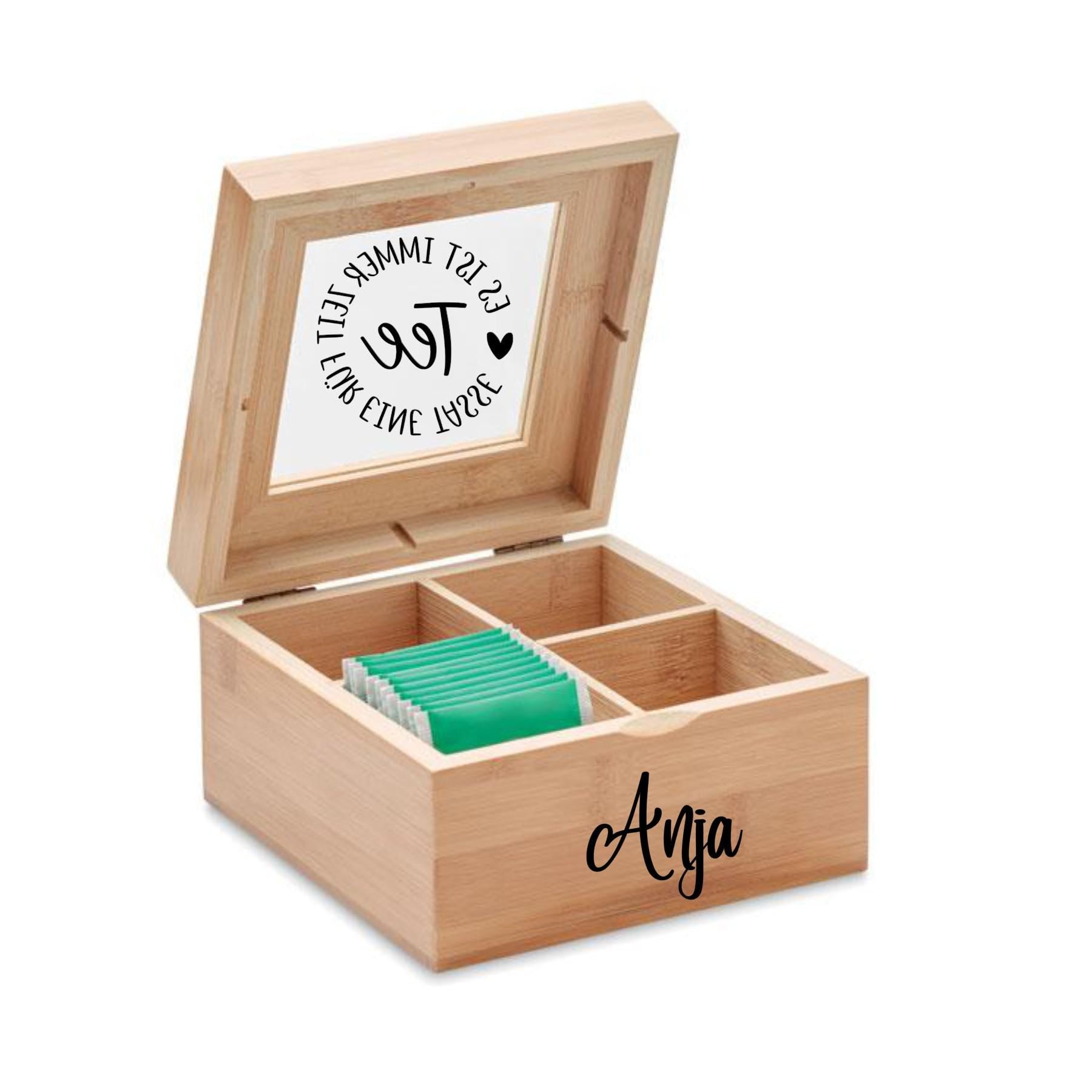Teebox mit graviertem Glasdeckel, aus Bambus, 4 Fächer, personalisiert,  Geschenk für Teetrinker, Geschenk für Danksagung, Art.-Nr. TB04