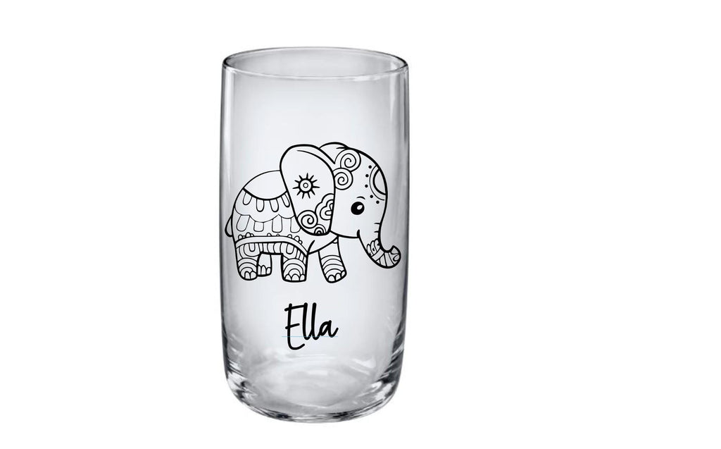 Elegantes Trinkglas mit graviertem Elefanten-Motiv & Wunschname, Geschenk für Kinder, 3 Glas Formen zur Auswahl, Art.-Nr.  KT03