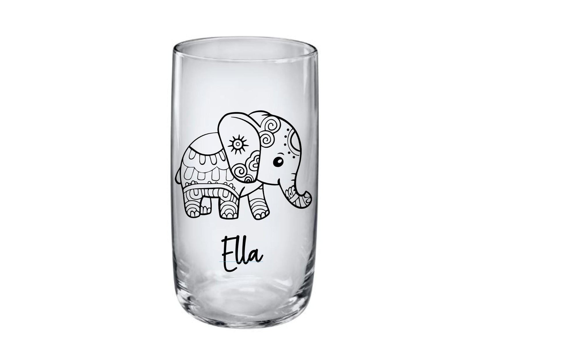 Elegantes Trinkglas mit graviertem Elefanten-Motiv & Wunschname, Geschenk für Kinder, 3 Glas Formen zur Auswahl, Art.-Nr.  KT03