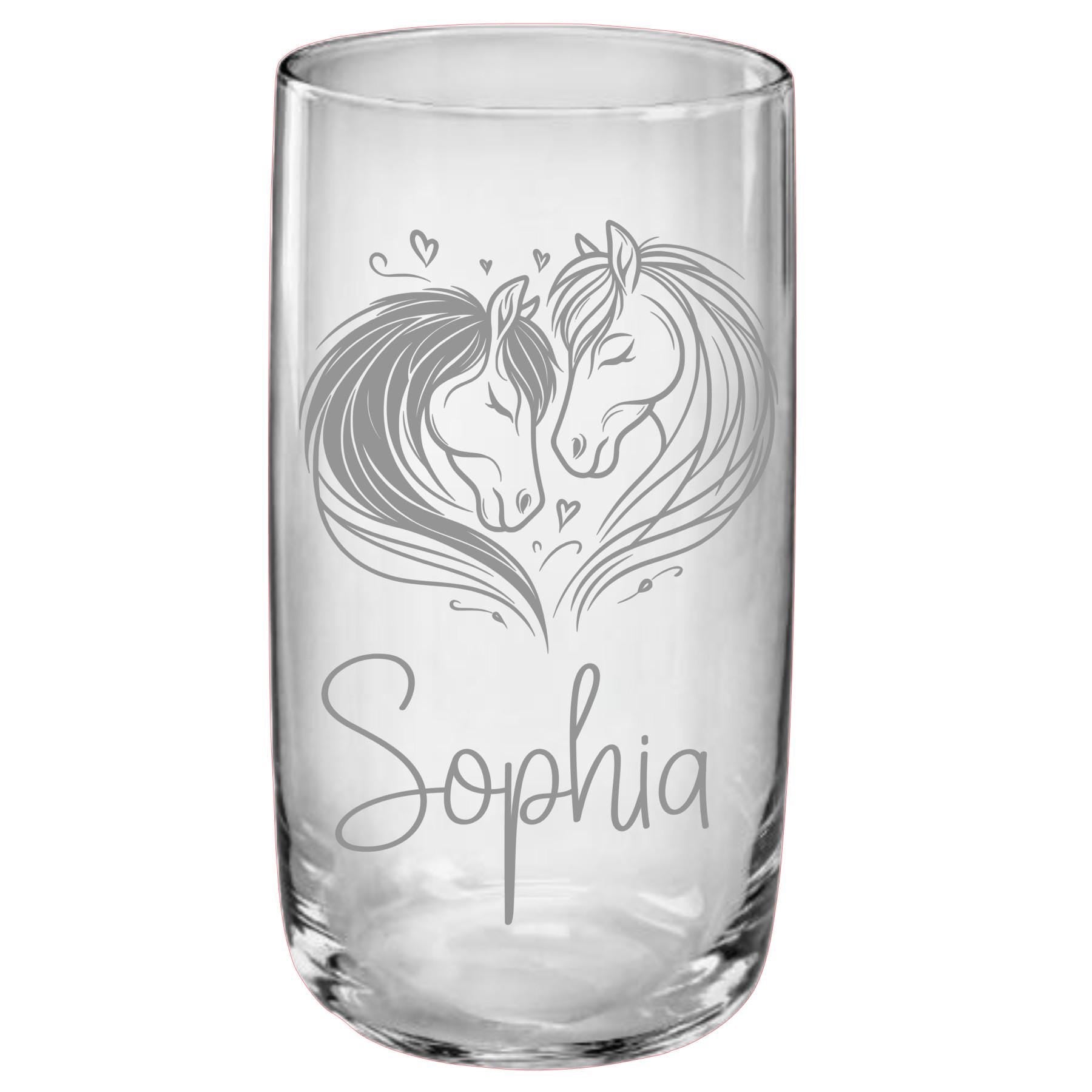 Pferde Glas, personalisiert mit Namen, graviert, 3 verschiedene Gläserformen, sehr schönes Motiv, Geschenk für Pferdefreundinnen, Art.Nr.PG3