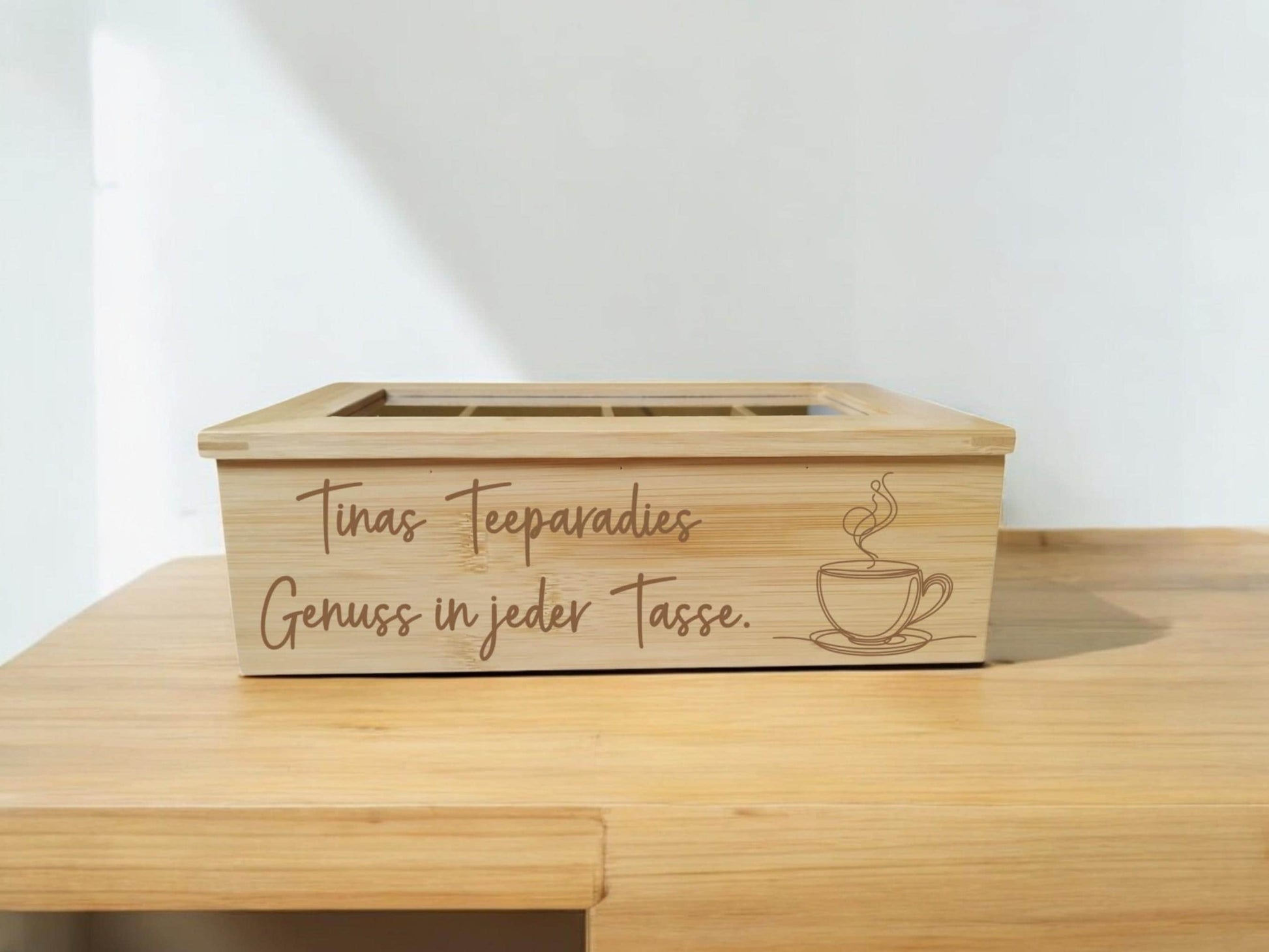 Personalisierte Tee Box - Ein einzigartiges Geschenk für Teeliebhaber! aus Bambus, mit 8 Fächern, mit Wunschgravur! Teekiste, TB1