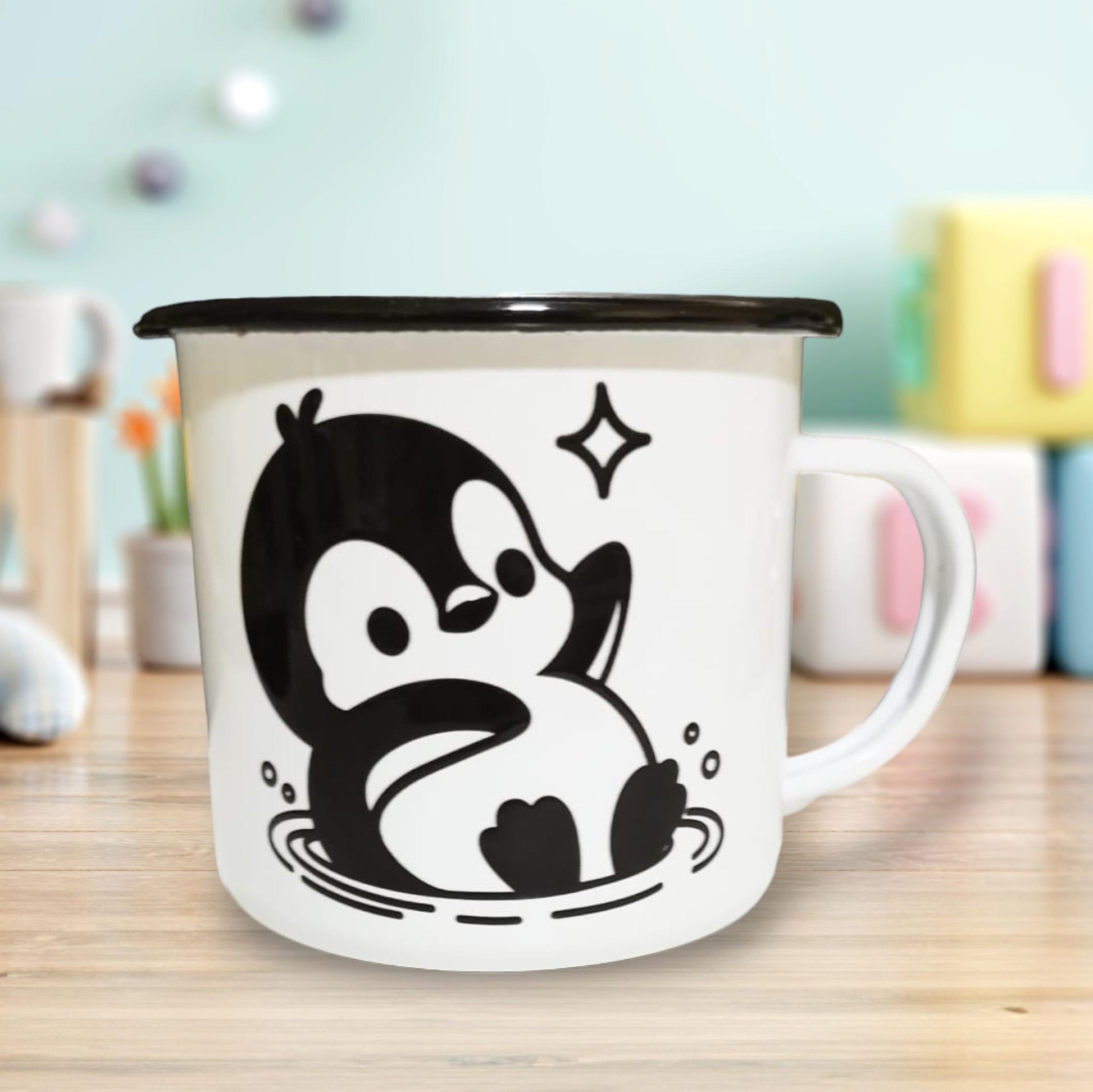 Emaille Tasse mit Pinguin und deinen Wunschnamen, personalisiert, für Kinder, 12 OZ, Geschenk für Weihnachten, Geburtstag usw.