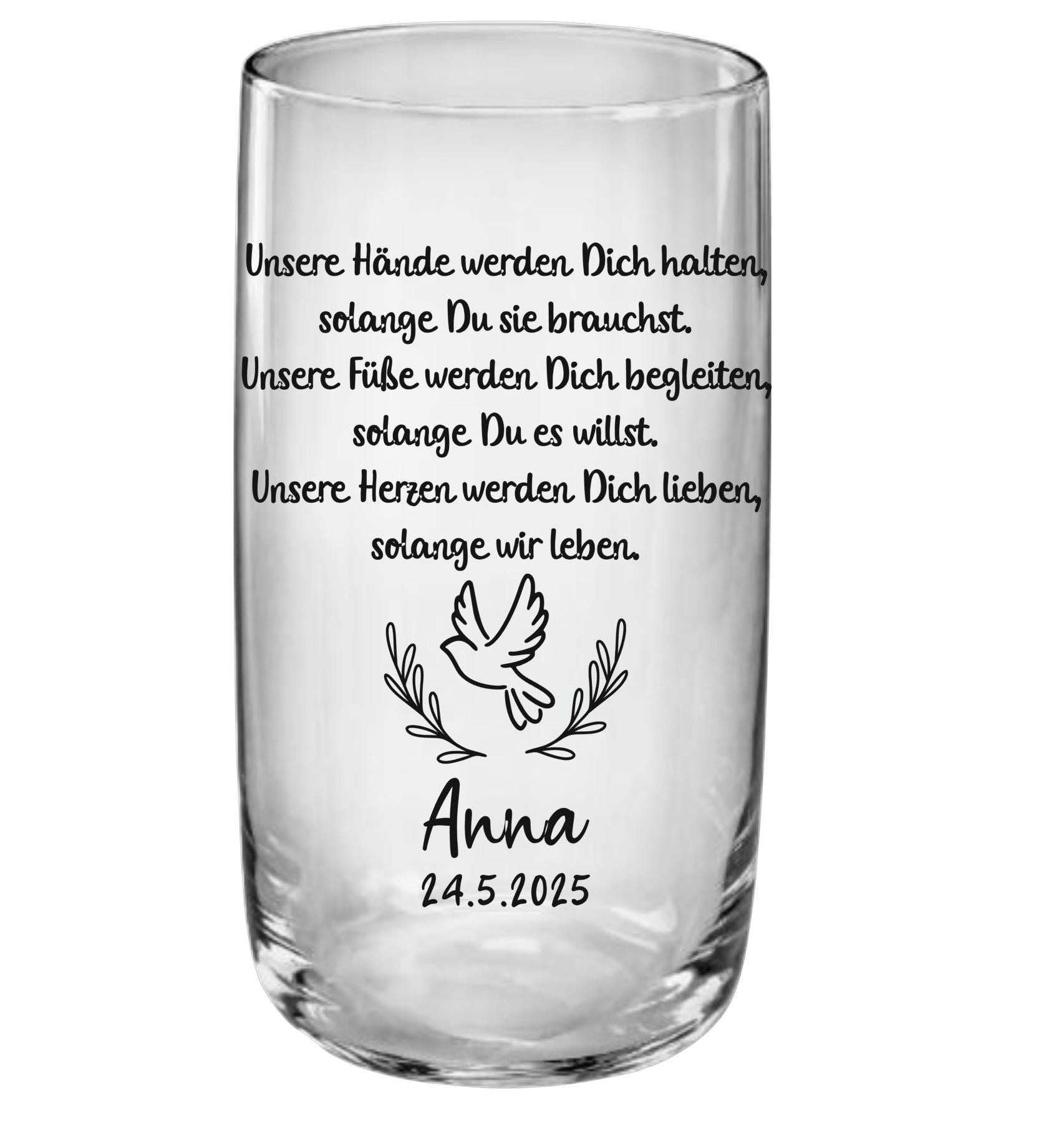 Trinkglas Kommunion, Konfirmation oder Taufe, personalisiert, graviert, Geschenk, mit Namen und Spruch, Gastgeschenk, Junge o. Mädchen